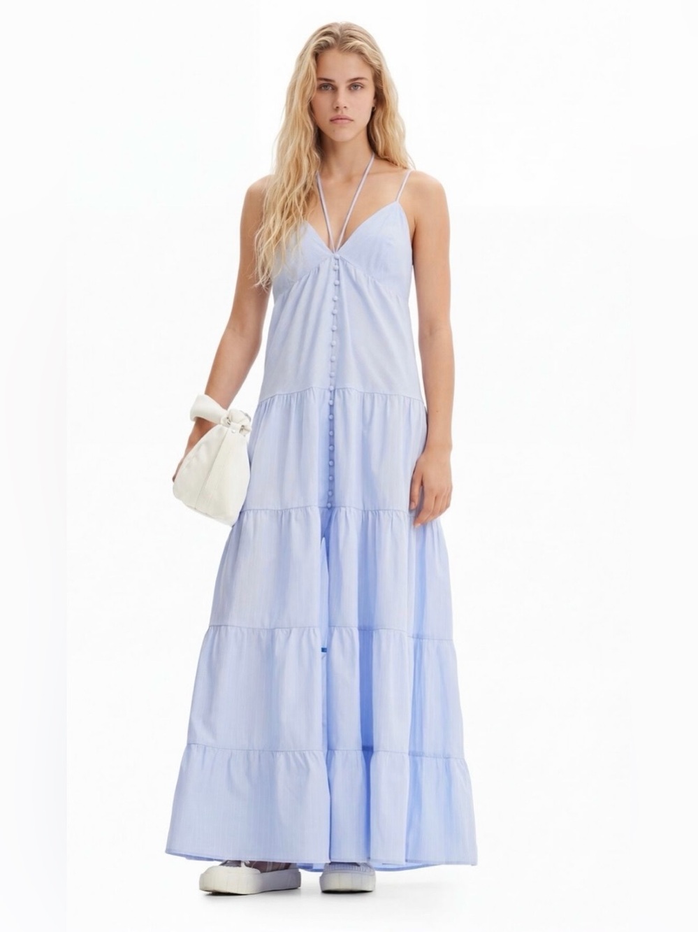 Desigual Light Blue Striped Maxi Dress-Skirt with Button Front
